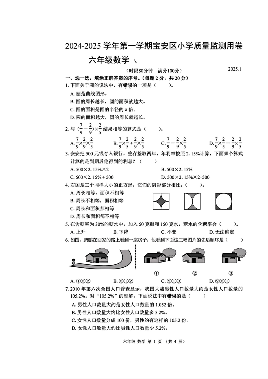 广东省深圳市宝安区2024-2025学年六年级上学期数学期末试题（人教版）