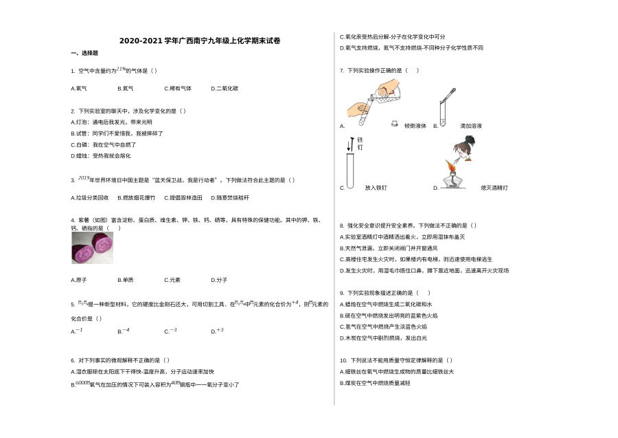 南宁市2020-2021学年人教版九年级化学上学期期末试卷
