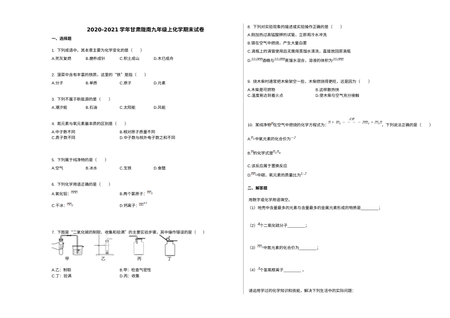2020-2021学年甘肃省陇南市九年级上学期期末化学试卷（人教版）