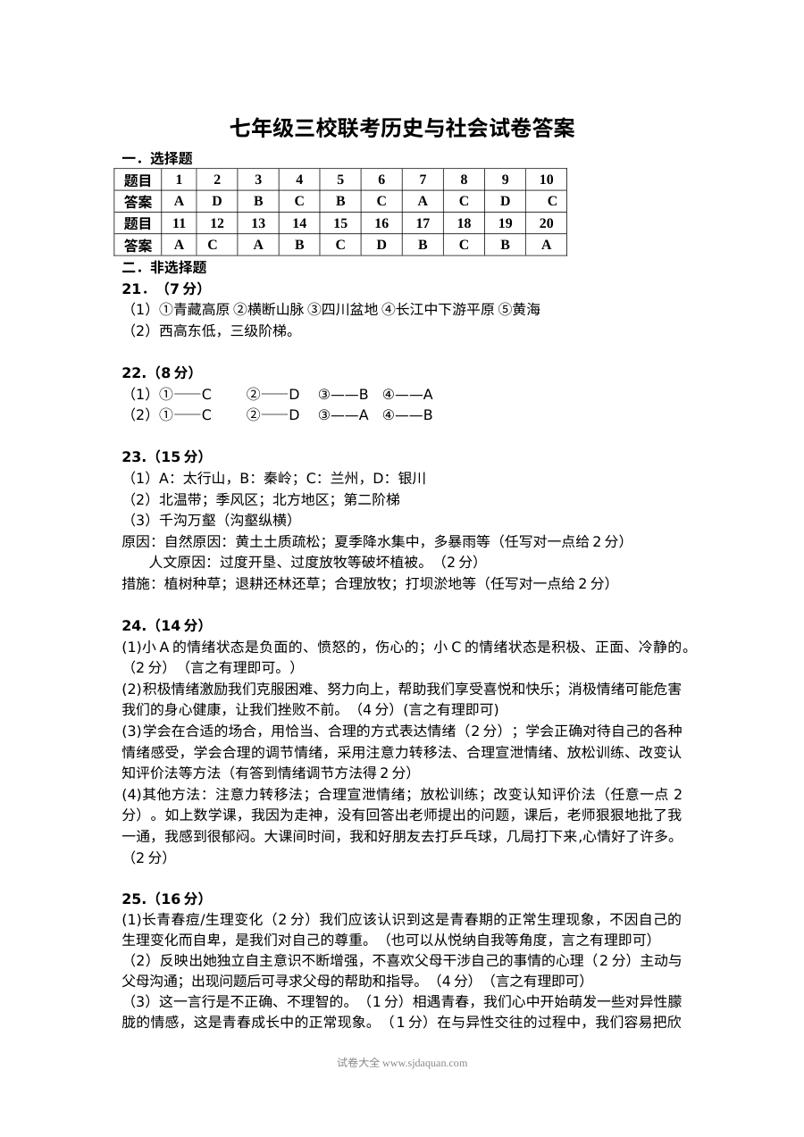 人教版七年级下学期历史与社会期中考试试卷及参考答案