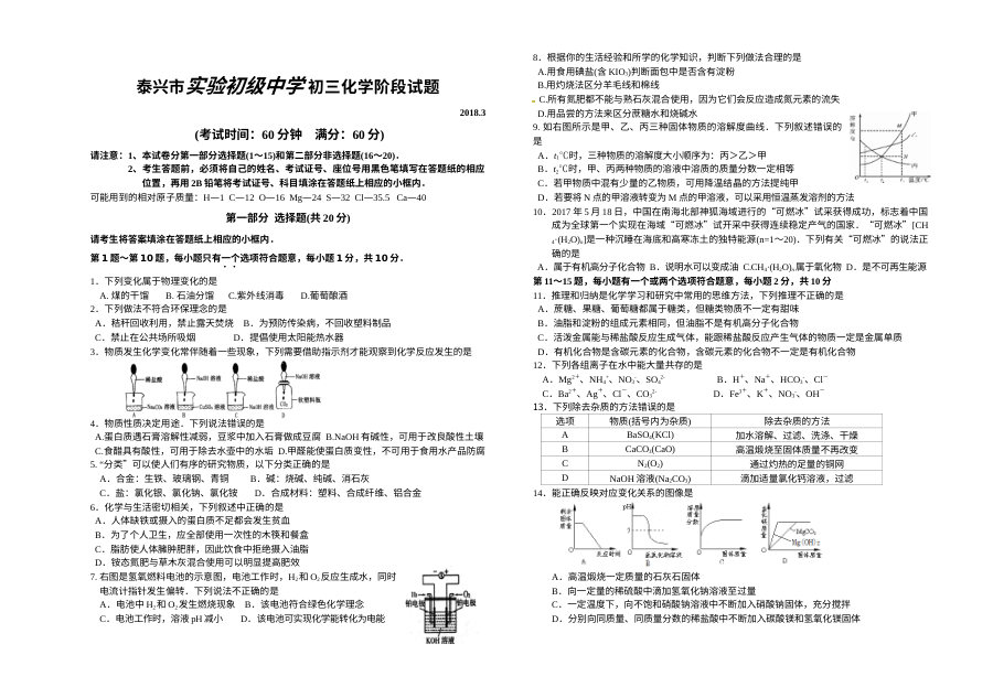 2018年3月泰兴市实验初级中学初三化学阶段测试卷（通用版）