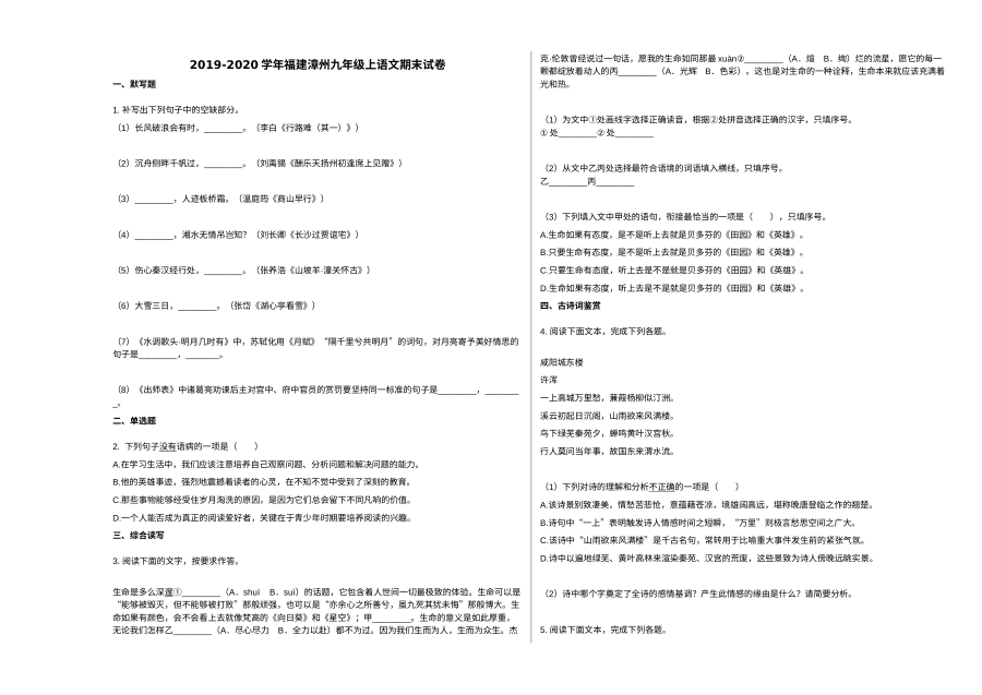 福建省漳州市2019-2020学年九年级上学期期末语文试卷（人教版）